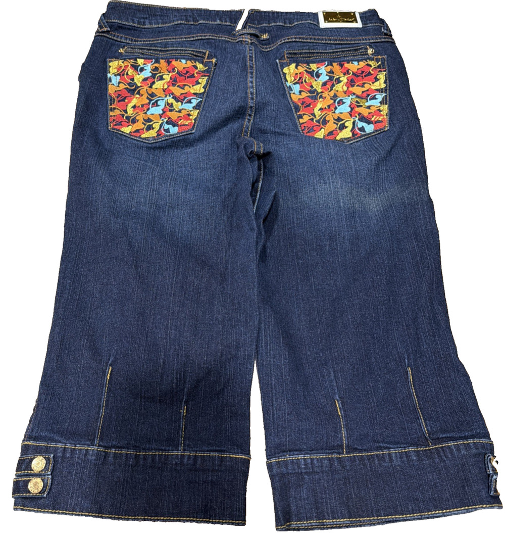 Baby Phat Embroidered Cat Pocket Capri Jeans Size 16 Y2K Dark Wash